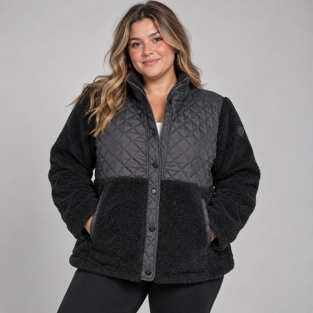 Madden Girl Jacket Womens XL Black Quilted Mixed Media Sherpa Fleece Snap Front